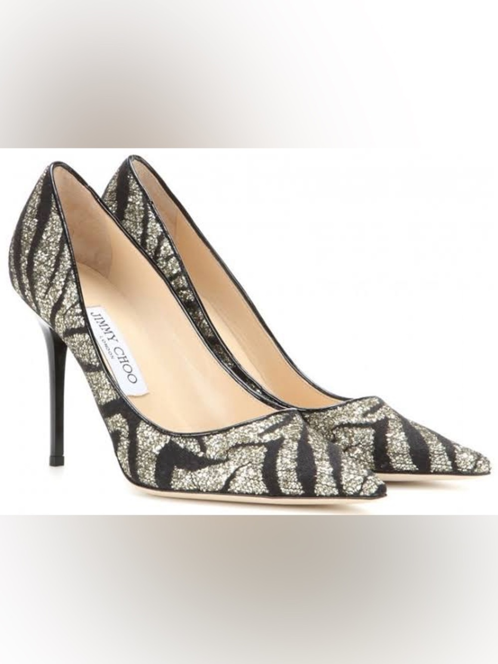 Jimmy Choo Black and Gold Zebra-Print Pointed Toe Pumps